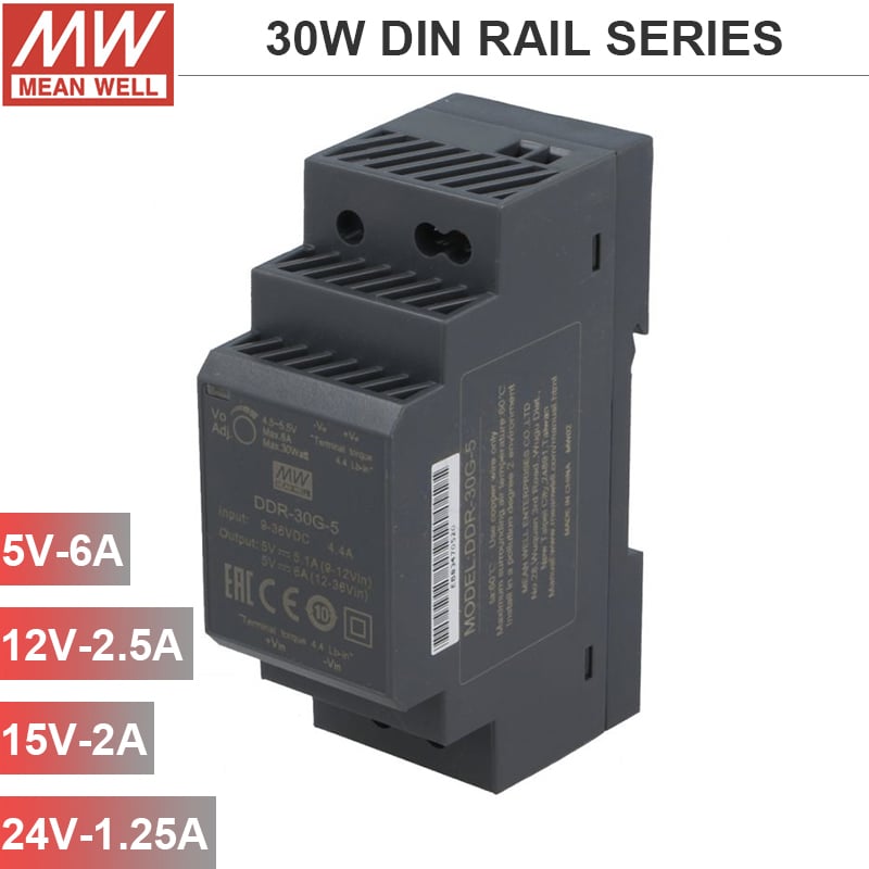 Nguồn DIN rail DC ra DC 9V 36V sang 5V-5.1A và 5V-6A Meanwell DDR-30G-5