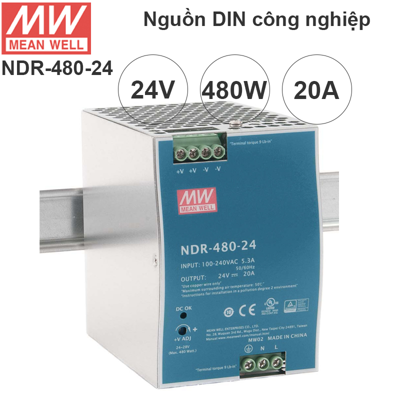 Nguồn DIN DC 480W công nghiệp 24V 20A Meanwell NDR-480-24