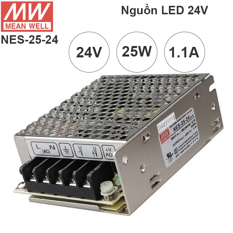 Nguồn LED tổng DC 24V-1.1A MeanWell NES-25-24 có ADJ 25v, 26v, 27v, 28V