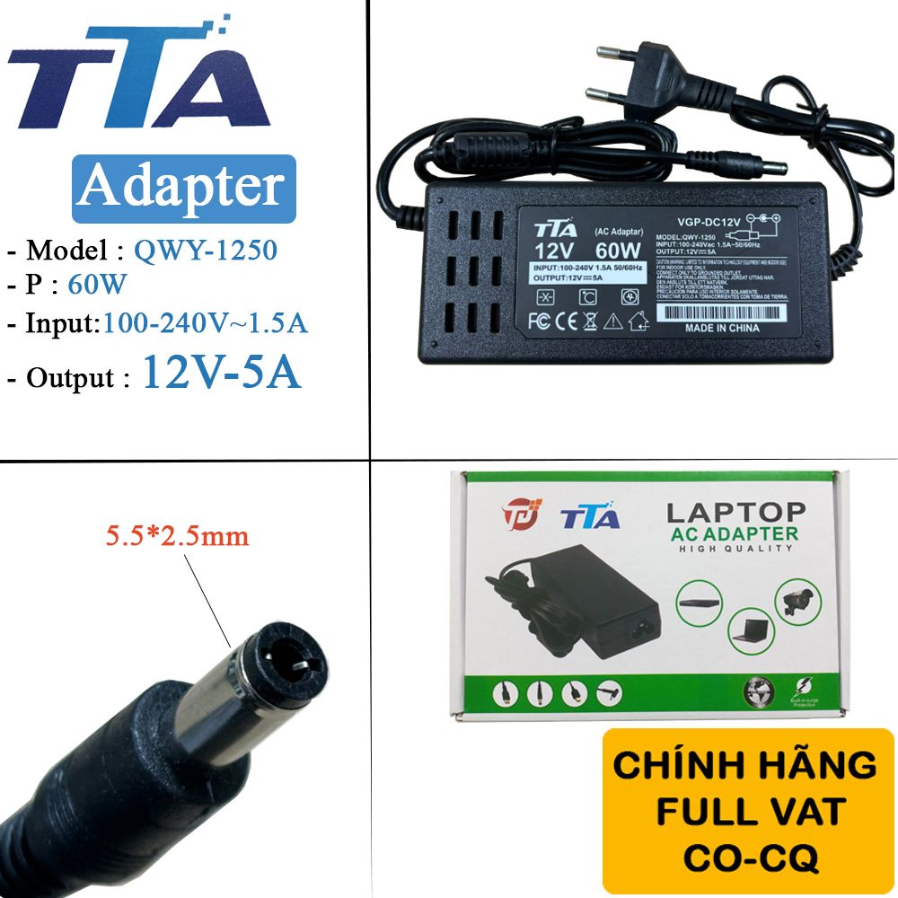 Nguồn adapter DC 12V5A chân 5.5*2.5mm 60W  chính hãng TTA QWY-1250