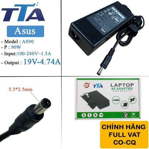 Bộ nguồn sạc pin laptop Asus 19V-4.74A 90W chân 5.5*2.5mm chính hãng TTA - AS90