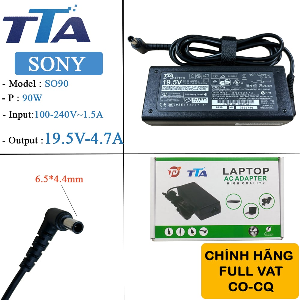 Bộ nguồn sạc pin laptop Sony  19.5V-4.7A 90W chân 6.5*4.4mm chính hãng TTA - SO90