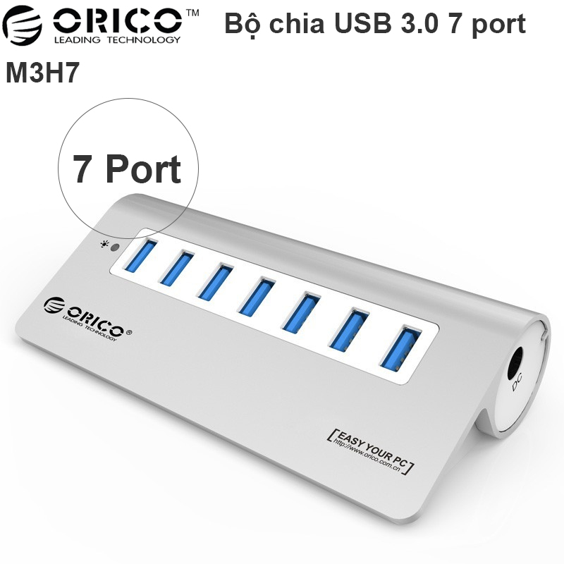 Bộ chia USB 3.0 7 cổng vỏ nhôm cấp nguồn ngoài Orico M3H7