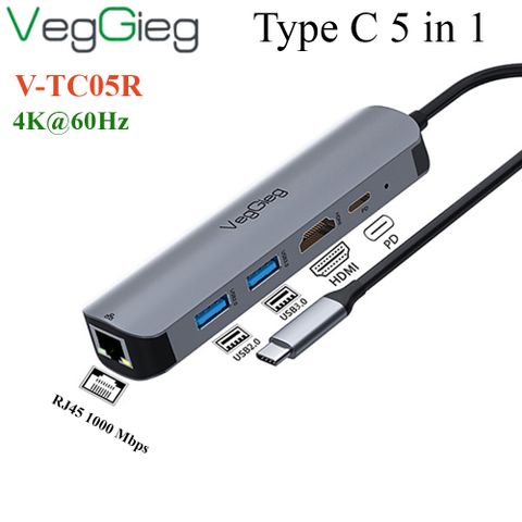 Bộ chuyển USB type C ra HDMI 4K*2k +  USB 3.0*1 + USB 2.0*1 + RJ45  VEGGIEG V-TC05R