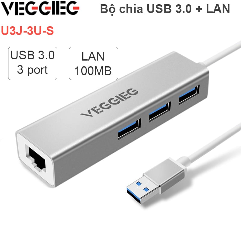 Bộ chia HUB USB 3.0 3 cổng + LAN RJ45 100Mbps Veggieg U3-3U-S