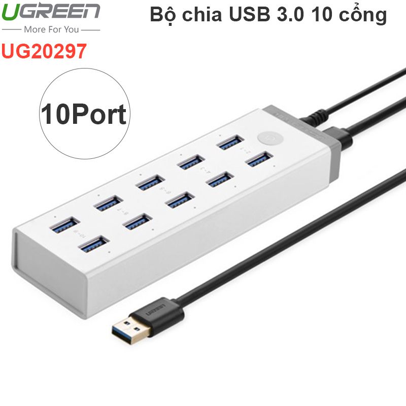  Bộ chia 10 cổng USB 3.0 5Gbps cắm nguồn ngoài hỗ trợ sạc thiết bị di động Ugreen 20297 