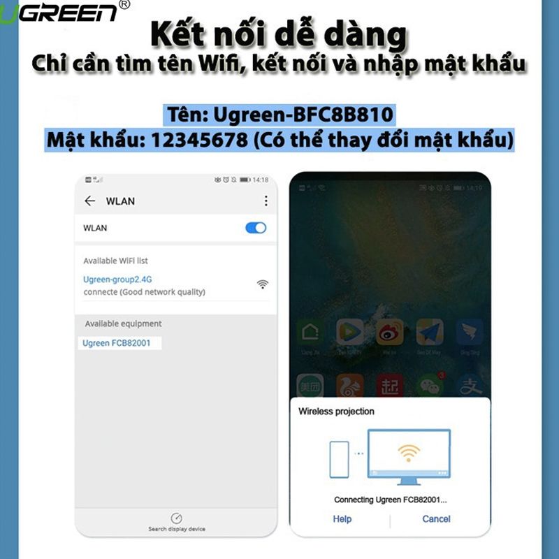  HDMI không dây Ugreen 60356 WiFi 2.4G 5G 4K kết Nối Điện Thoại Laptop Máy tính bản lên TiVi 