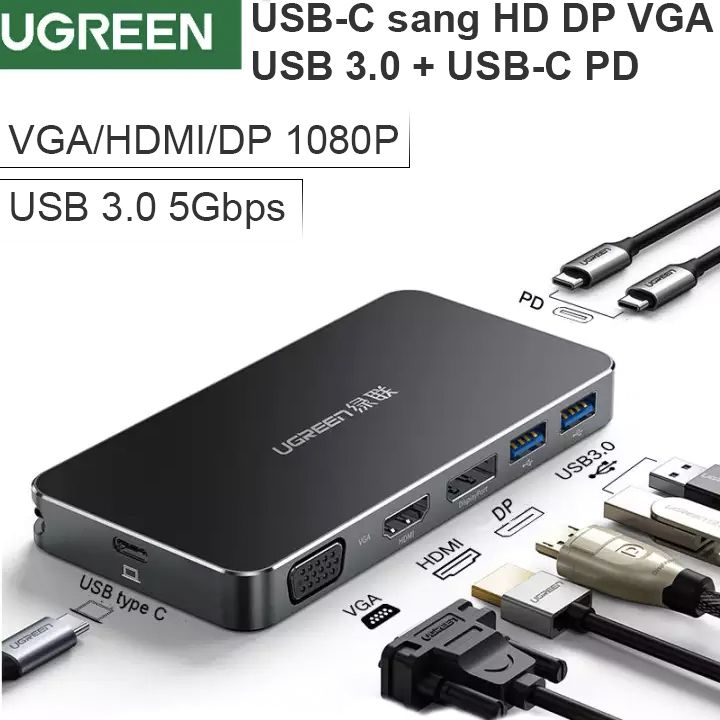 Chuyển đổi USB-C ra Display port HDMI VGA 1080P - 2 cổng USB 3.0 1 cổng USB TYPE-C power UGREEN 40872