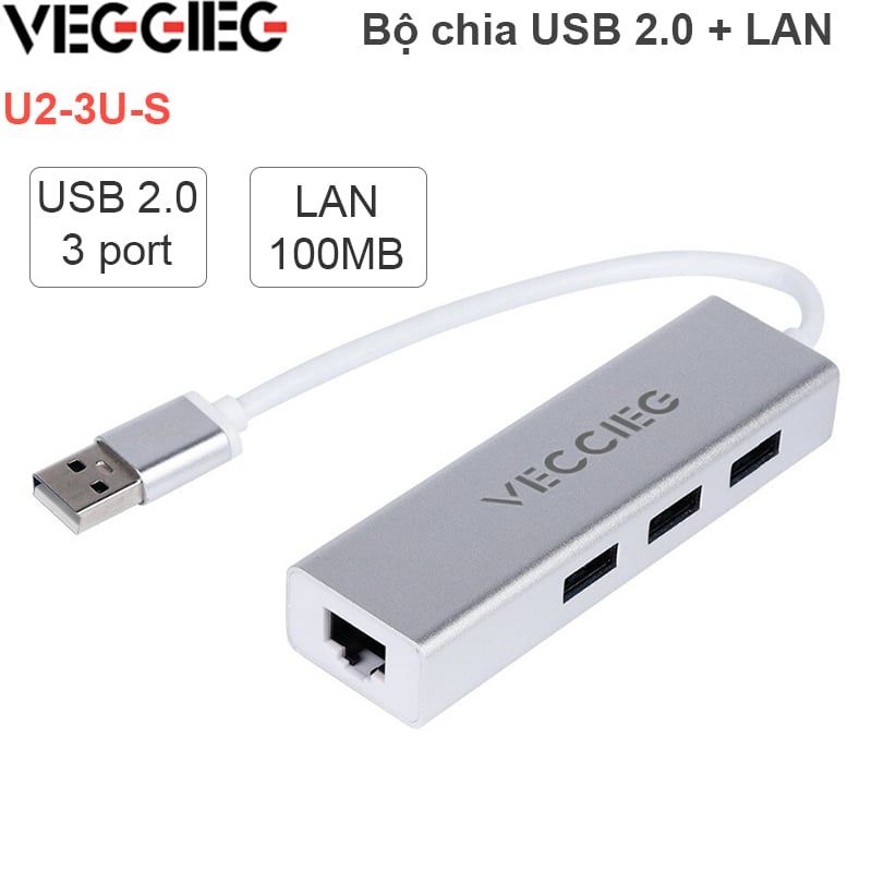 Bộ chia USB 2.0 3 cổng + LAN RJ45 100Mbps Veggieg U2-3U-S