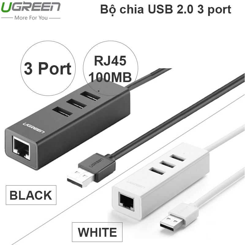 Bộ chia USB 2.0 3 cổng kết hợp USB sang RJ45 LAN 10/100Mb Ugreen 30301 30297 30298