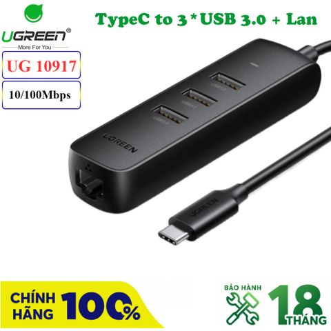 Bộ chia HUB USB 3.1 Type C ra 3 cổng USB 3.0 + Lan 10/100 Mbps Ugreen 10917