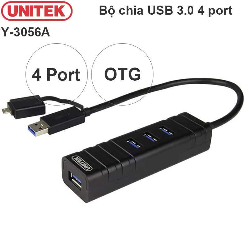 Bộ chia cổng USB 3.0 4 port hỗ trợ OTG micro USB Unitek Y-3056A