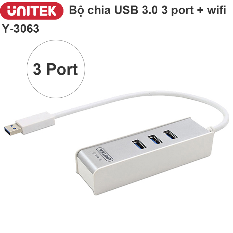 Bộ chia USB 3.0 3 cổng hỗ trợ thu wifi 150Mbps Unitek Y-3063