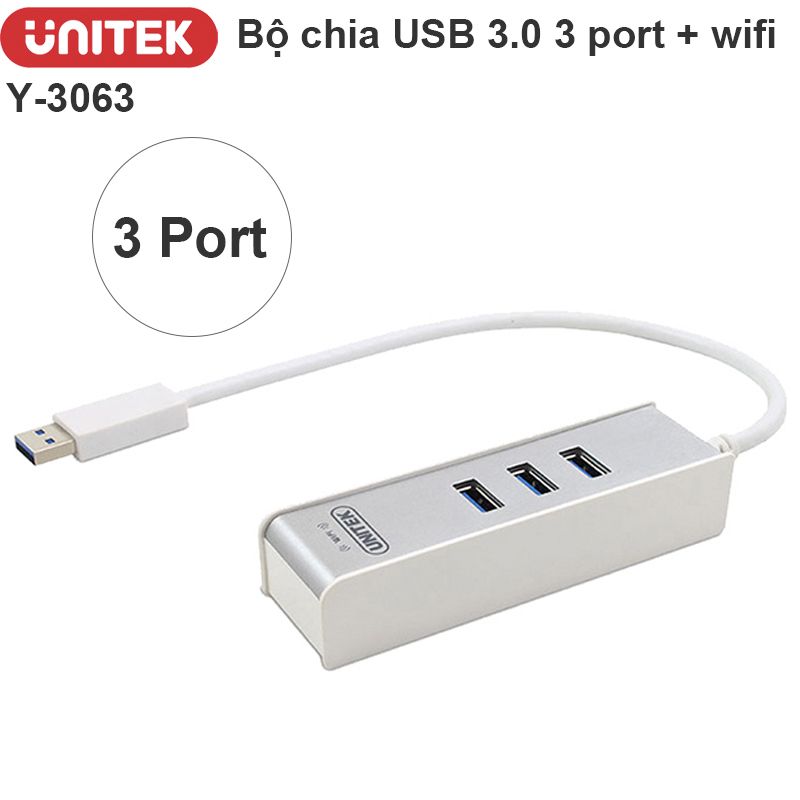 Bộ chia USB 3.0 3 cổng hỗ trợ thu wifi 150Mbps Unitek Y-3063