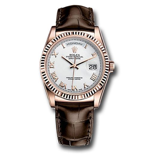 Đồng hồ Rolex Everose Gold Day-Date Fluted Bezel White Roman Dial Brown Leather 118135 wrbr 36mm