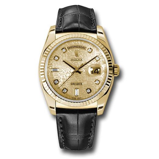 Đồng hồ Rolex Yellow Gold Day-Date Fluted Bezel Champagne Jubilee Diamond Dial Black Leather 118138 chjdl 36mm