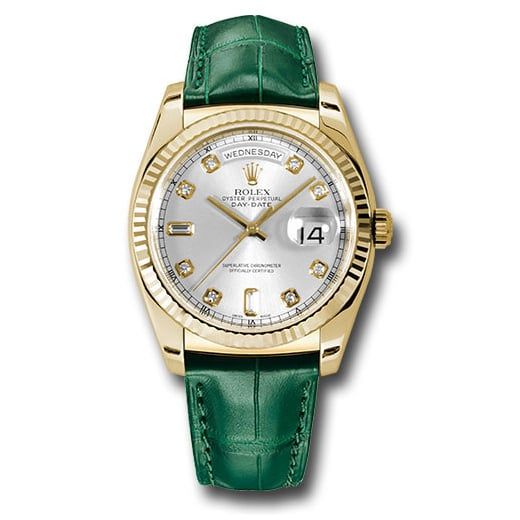 Đồng hồ Rolex Yellow Gold Day-Date Fluted Bezel Silver Diamond Dial Green Leather 118138 sdl 36mm