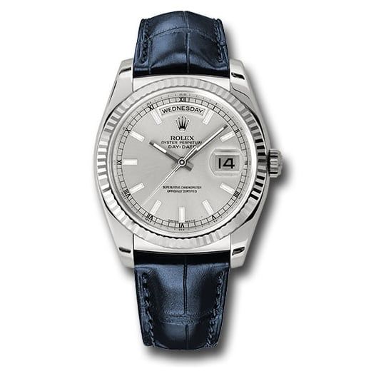 Đồng hồ Rolex White Gold Day-Date Fluted Bezel Silver Index Dial Blue Leather 118139 sibl 36mm