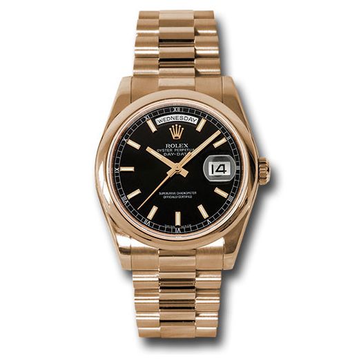 Đồng hồ Rolex Pink Gold Day-Date Domed Bezel Black Index Dial President Bracelet 118205 bksp 36mm