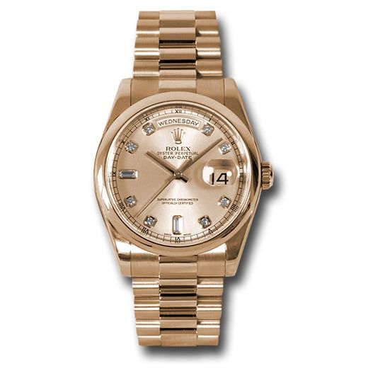 Đồng hồ Rolex Pink Gold Day-Date Domed Bezel Pink Champagne Diamond Dial President Bracelet 118205 chdp 36mm