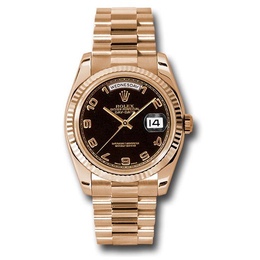 Đồng hồ Rolex Pink Gold Day-Date Fluted Bezel Black Arabic Dial President Bracelet 118235 bkap 36mm