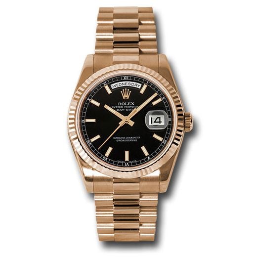 Đồng hồ Rolex Pink Gold Day-Date Fluted Bezel Black Index Dial President Bracelet 118235 bksp 36mm