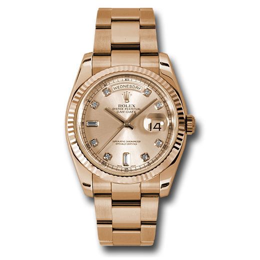 Đồng hồ Rolex Pink Gold Day-Date Fluted Bezel Champange Diamond Dial Oyster Bracelet 118235 chdo 36mm