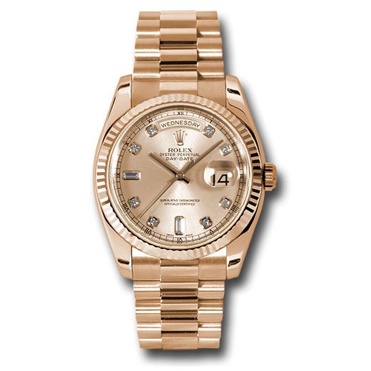 Đồng hồ Rolex Pink Gold Day-Date Fluted Bezel Pink Champagne Diamond Dial President Bracelet 118235 chdp 36mm