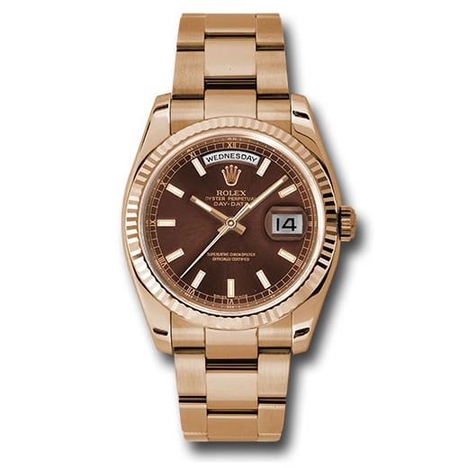 Đồng hồ Rolex Everose Gold Day-Date Fluted Bezel Chocolate Index Dial Oyster Bracelet 118235 choio 36mm