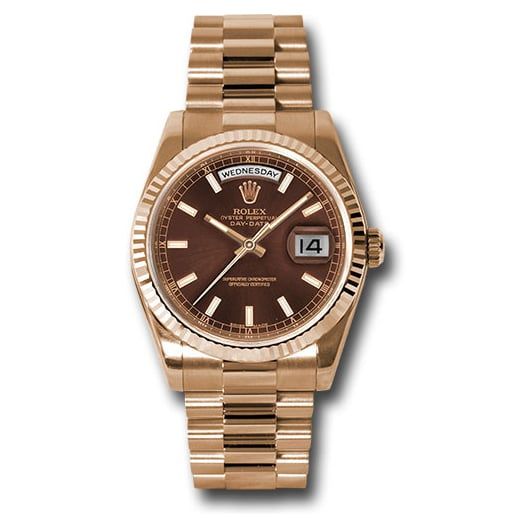Đồng hồ Rolex Everose Gold Day-Date Fluted Bezel Chocolate Index Dial President Bracelet 118235 choip 36mm