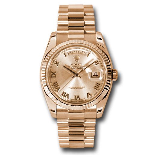 Đồng hồ Rolex Pink Gold Day-Date Fluted Bezel Champagne Roman Dial President Bracelet 118235 chrp 36mm