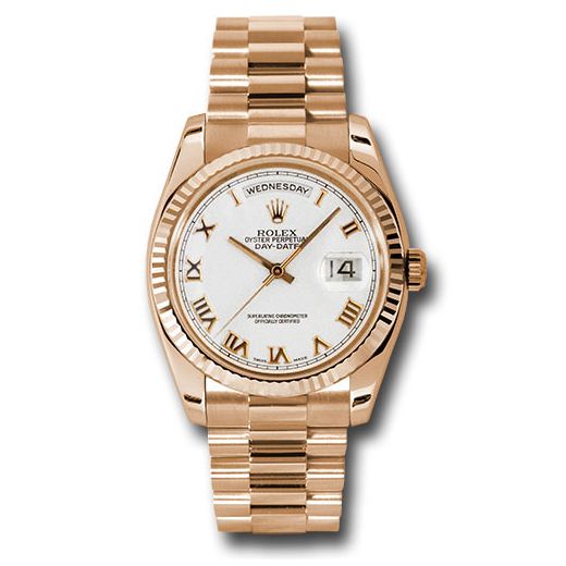 Đồng hồ Rolex Pink Gold Day-Date Fluted Bezel White Roman Dial President Bracelet 118235 wrp 36mm