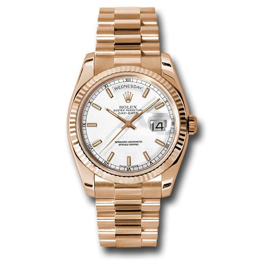 Đồng hồ Rolex Pink Gold Day-Date Fluted Bezel White Index Dial President Bracelet 118235 wsp 36mm