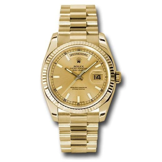 Đồng hồ Rolex Yellow Gold Day-Date Fluted Bezel Champagne Index Dial President Bracelet 118238 chsp 36mm