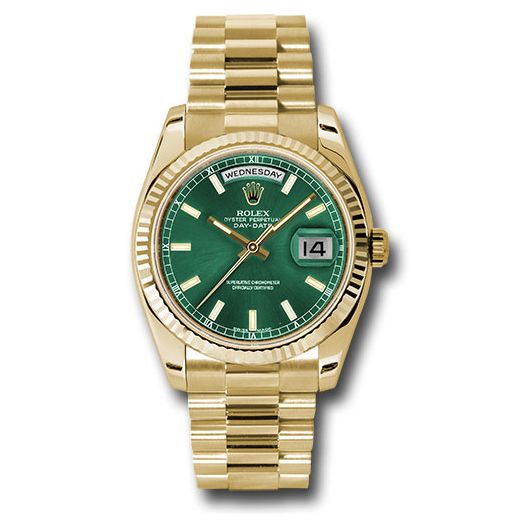 Đồng hồ Rolex Yellow Gold Day-Date Fluted Bezel Green Index Dial President Bracelet 118238 grip 36mm