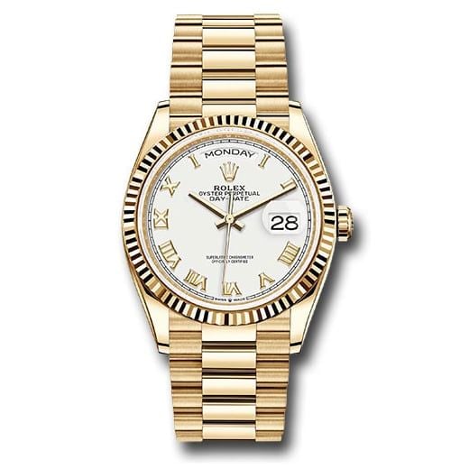 Đồng hồ Rolex Yellow Gold Day-Date Fluted Bezel White Roman Dial President Bracelet 128238 wrp 36mm