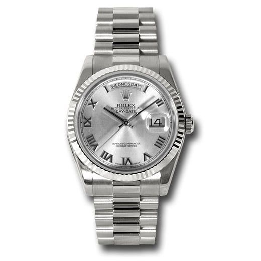 Đồng hồ Rolex White Gold Day-Date Fluted Bezel Rhodium Roman Dial President Bracelet 118239 rrp 36mm