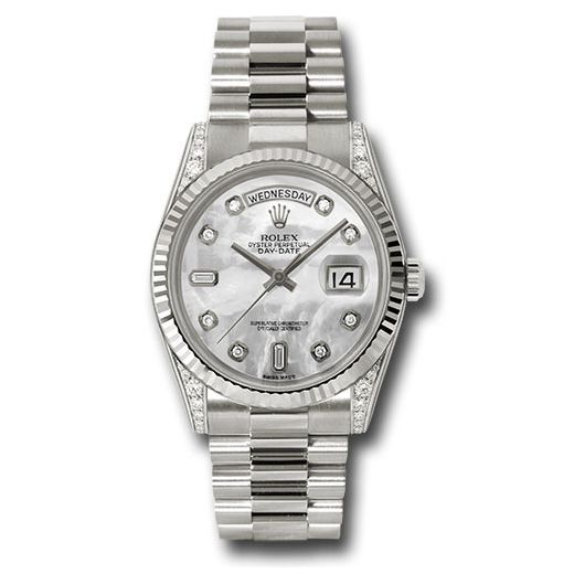 Đồng hồ Rolex White Gold Day-Date Fluted Bezel Diamond Lugs Mother-Of-Pearl Diamond Dial President Bracelet 118339 mdp 36mm