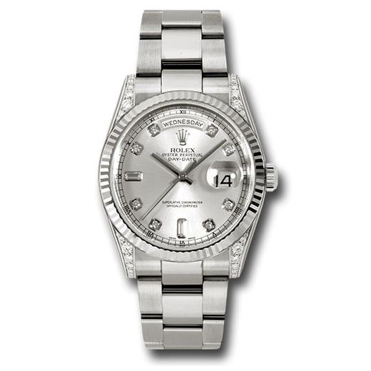 Đồng hồ Rolex White Gold Day-Date Fluted Bezel Diamond Lugs Silver Diamond Dial Oyster Bracelet 118339 sdo 36mm