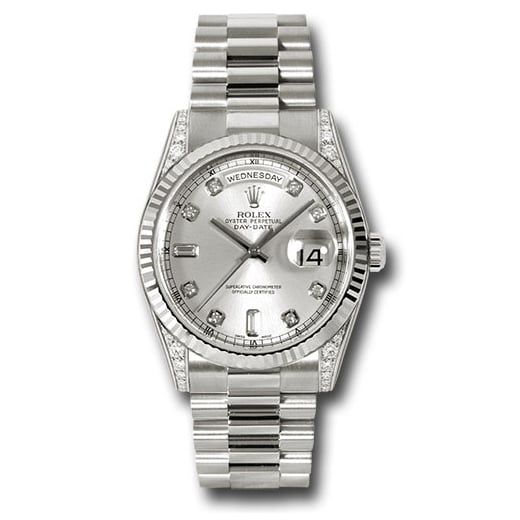 Đồng hồ Rolex White Gold Day-Date Fluted Bezel Diamond Lugs Silver Diamond Dial President Bracelet 118339 sdp 36mm