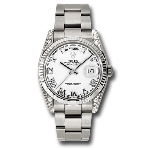 Đồng hồ Rolex White Gold Day-Date Fluted Bezel Diamond Lugs White Roman Dial Oyster Bracelet 118339 wro 36mm