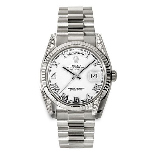 Đồng hồ Rolex White Gold Day-Date Fluted Bezel Diamond Lugs White Roman Dial President Bracelet 118339 wrp 36mm