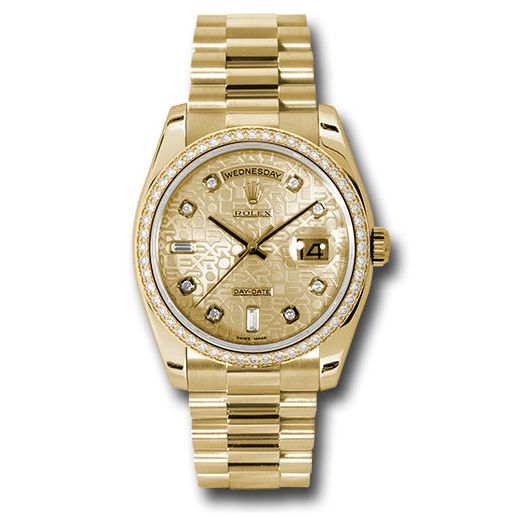 Đồng hồ Rolex Yellow Gold Day-Date Diamond Bezel Champagne Jubilee Diamond Dial President Bracelet 118348 chjdp 36mm