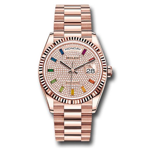Đồng hồ Rolex Everose Gold Day-Date Fluted Bezel Diamond-Paved Rainbow Sapphire Dial President Bracelet 128235 dprsp 36mm