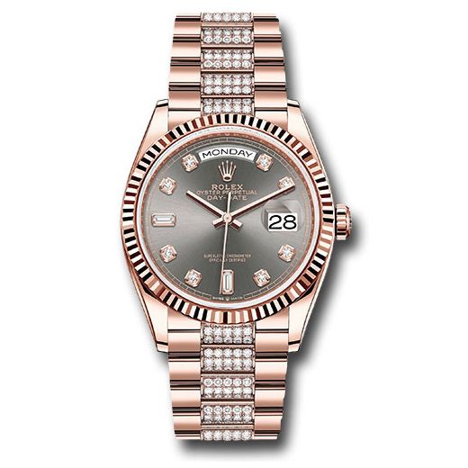 Đồng hồ Rolex Everose Gold Day-Date Fluted Bezel Slate Diamond Dial Diamond President Bracelet 128235 slddp 36mm