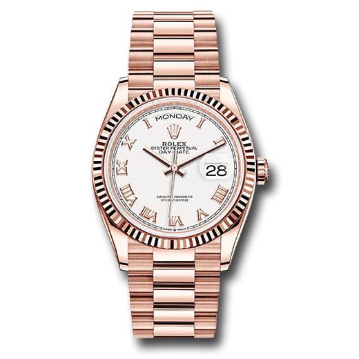 Đồng hồ Rolex Everose Gold Day-Date Fluted Bezel White Roman Dial President Bracelet 128235 wrp 36mm