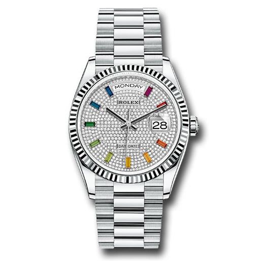 Đồng hồ Rolex Platinum Day-Date Fluted Bezel Diamond-Paved Dial President Bracelet 128236 dprsp 36mm