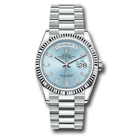 Đồng hồ Rolex Platinum Day-Date Fluted Bezel Ice Blue Dial President Bracelet 128236 ibbdp 36mm