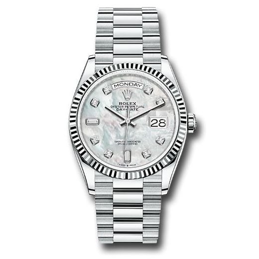 Đồng hồ Rolex Platinum Day-Date Fluted Bezel White Mother-Of-Pearl Diamond Dial President Bracelet 128236 mdp 36mm