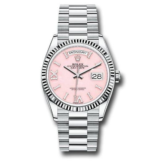 Đồng hồ Rolex Platinum Day-Date Fluted Bezel Pink Opal Diamond Index Roman 9 Dial President Bracelet 128236 podidrp 36mm